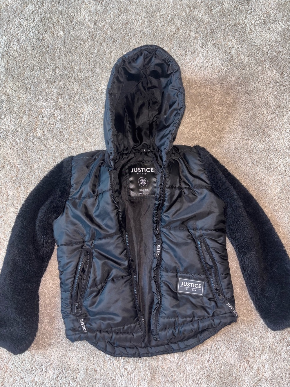 Justice Girls Black Quilted Puffer Jacket Faux Fur Sleeves Hooded Coat XS 5/6
